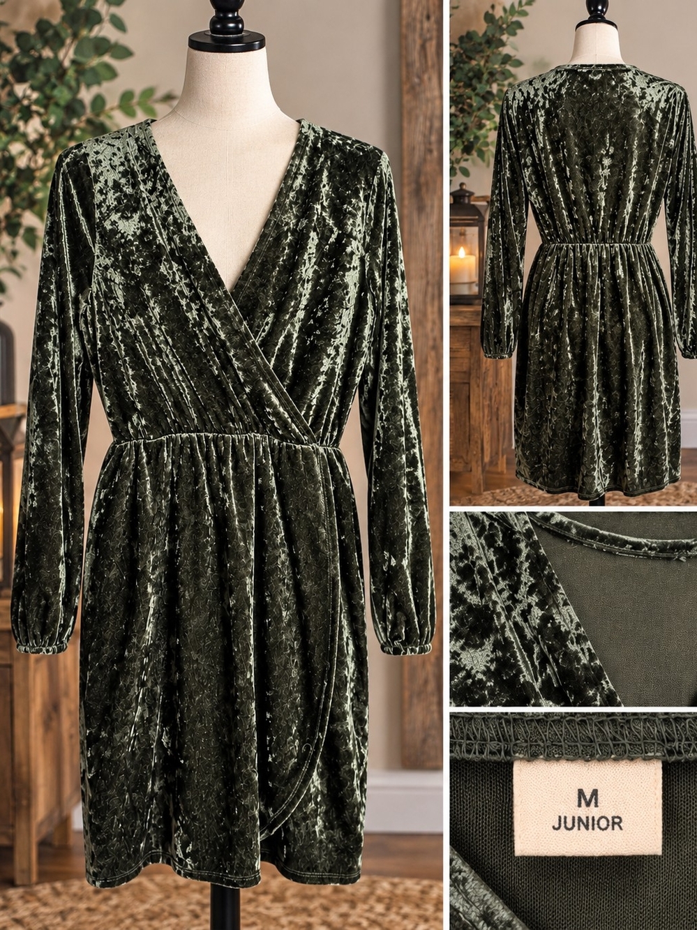 Junior Velvet Wrap Long Sleeve Dress in Olive
